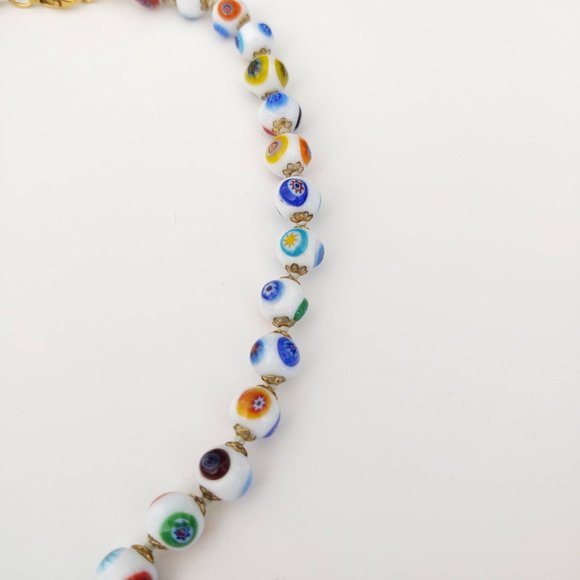 White glass beaded necklace w/multi color designs - Picture 13 of 15